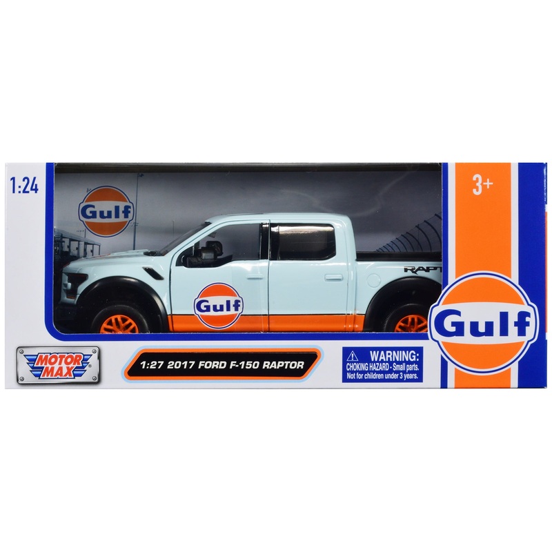 2017 Ford F-150 Raptor Pickup Truck Light Blue with Orange Stripes “Gulf Oil” “Gulf Die-Cast Collection” 1/27 Diecast Model Car by Motormax