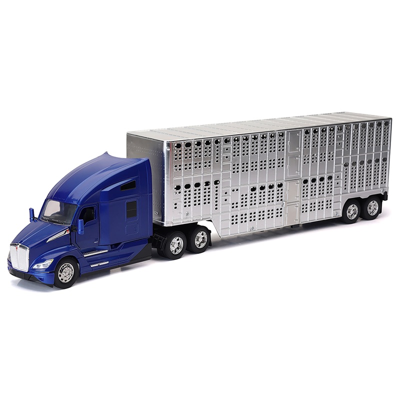 Kenworth T680 Truck Blue Metallic with Livestock Trailer Chrome “Long Haul Trucker” Series 1/32 Diecast Model by New Ray