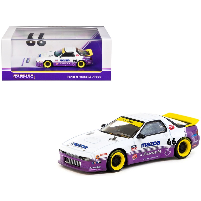 Mazda RX-7 FC3S Pandem RHD (Right Hand Drive) #66 White and Purple with Graphics “Hobby64” Series 1/64 Diecast Model Car by Tarmac Works