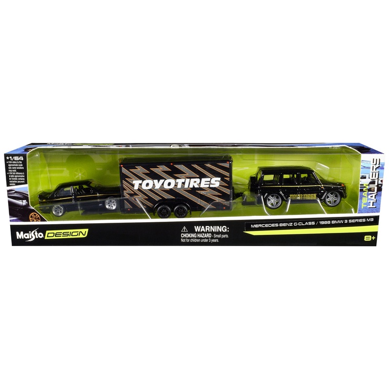 Mercedes-Benz G-Class Black with Gold Stripes and 1988 BMW 3 Series M3 Black with Gold Stripes with Enclosed Car Trailer “Toyo Tires” “Team Haulers” Series 1/64 Diecast Model Cars by Maisto