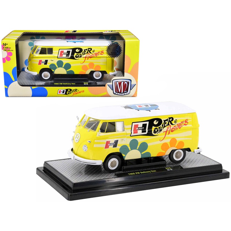 1960 Volkswagen Delivery Van Yellow with Bright White Top and Flower Graphics “Hurst Power Flowers” Limited Edition to 6550 pieces Worldwide 1/24 Diecast Model Car by M2 Machines