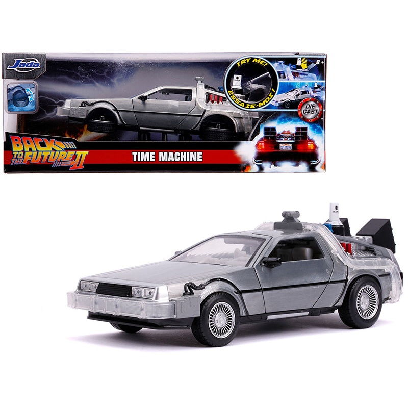 DeLorean Brushed Metal Time Machine with Lights (Flying Version) “Back to the Future Part II” (1989) Movie “Hollywood Rides” Series 1/24 Diecast Model Car by Jada