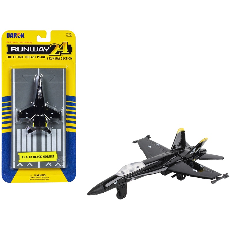 McDonnell Douglas F/A-18 Hornet Fighter Aircraft Black “United States Navy” with Runway Section Diecast Model Airplane by Runway24
