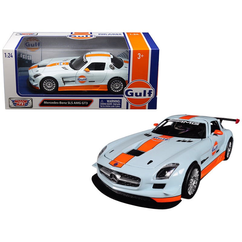 Mercedes Benz SLS AMG GT3 with “Gulf” Livery Light Blue with Orange Stripe 1/24 Diecast Model Car by Motormax