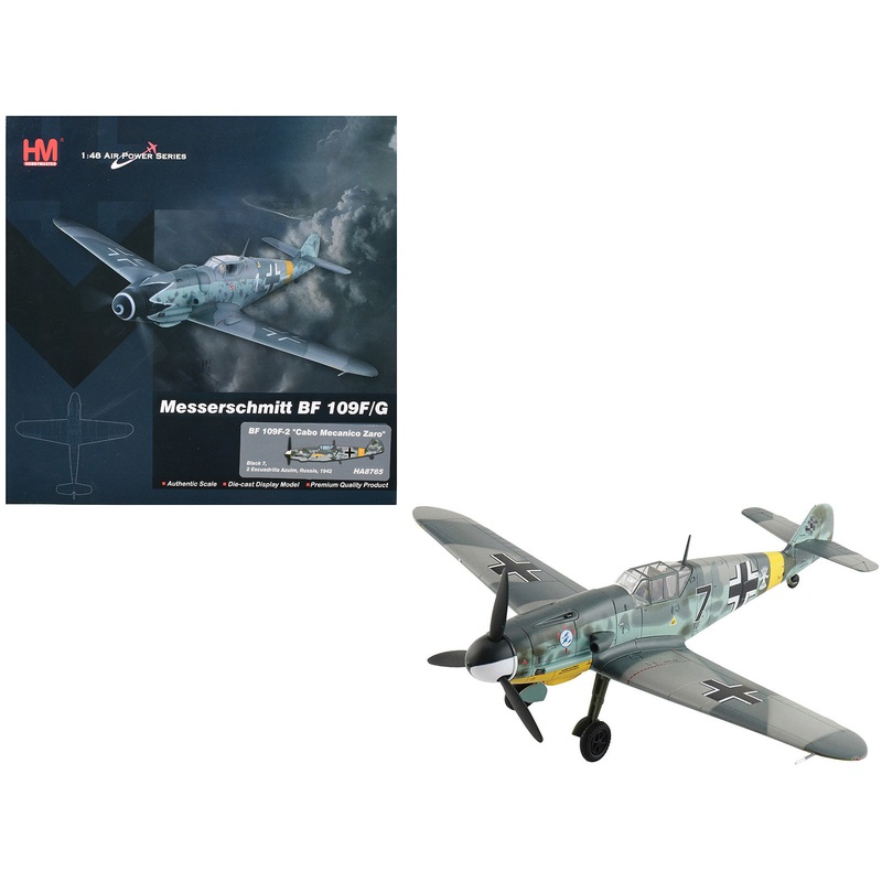 Messerschmitt Bf 109F-2 Fighter Aircraft “Black 7 Cabo Mecanico Zaro 2 Escuadrilla Azul Russia” (1942) Spanish Air Force “Air Power Series” 1/48 Diecast Model by Hobby Master