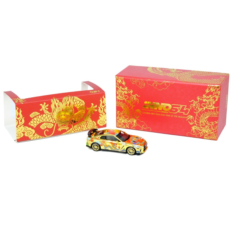 Nissan GT-R (R35) RHD (Right Hand Drive) Gold Metallic with Graphics “Year of the Dragon – 2024 Chinese New Year Special Edition” 1/64 Diecast Model Car by Inno Models