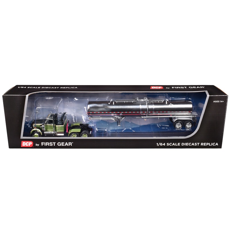 Western Star 4900 with 36″ Vintage Flat Top Sleeper and Brenner Chemical Tank Trailer Olive and Dark Green Two-Tone 1/64 Diecast Model by DCP/First Gear
