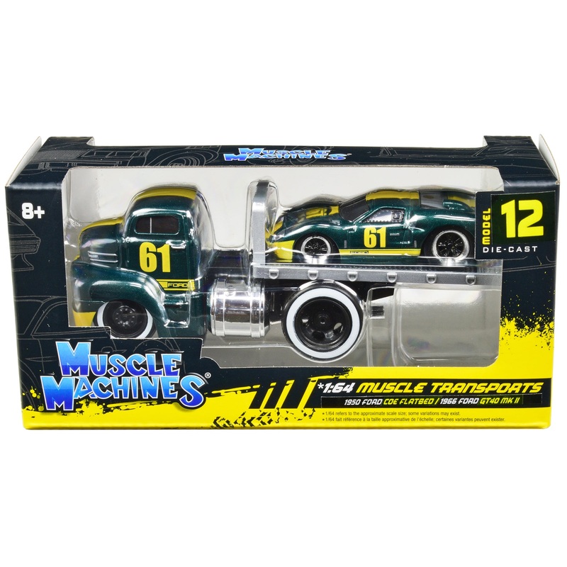 1950 Ford COE Flatbed Truck #61 and 1966 Ford GT40 MK II #61 Green Metallic with Yellow Stripes “Muscle Transports” Series 1/64 Diecast Model Cars by Muscle Machines