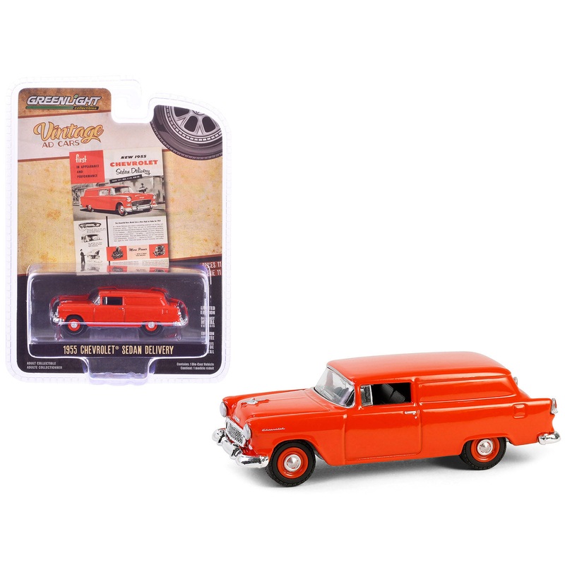 1955 Chevrolet Sedan Delivery Orange Red “First in Appearance and Performance” “Vintage Ad Cars” Series 11 1/64 Diecast Model Car by Greenlight