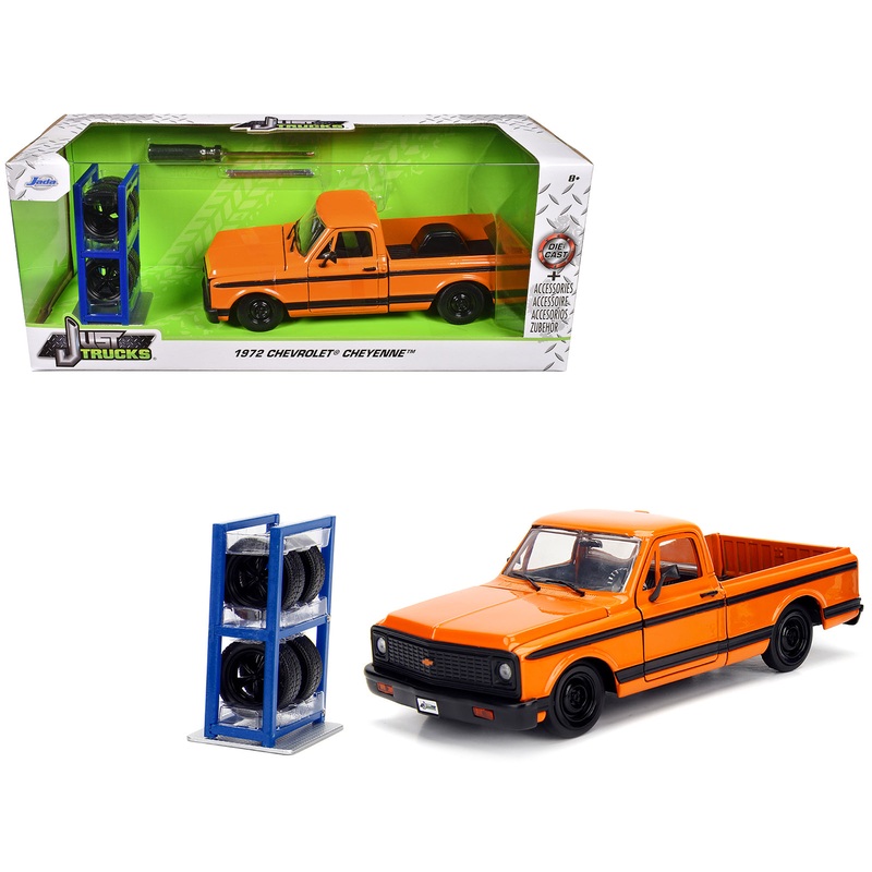 1972 Chevrolet Cheyenne Pickup Truck Orange with Black Stripes and Extra Wheels “Just Trucks” Series 1/24 Diecast Model Car by Jada
