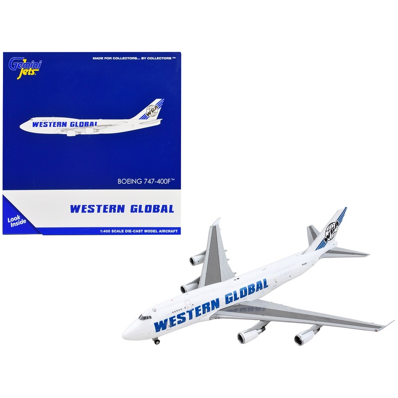 Boeing 747-400F Commercial Aircraft “Western Global” White with Blue Tail Stripes 1/400 Diecast Model Airplane by GeminiJets