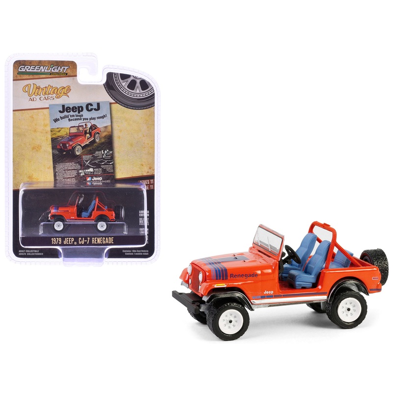 1979 Jeep CJ-7 Renegade Red with Blue Stripes “We Build ’em Tough Because you Play Rough” “Vintage Ad Cars” Series 11 1/64 Diecast Model Car by Greenlight