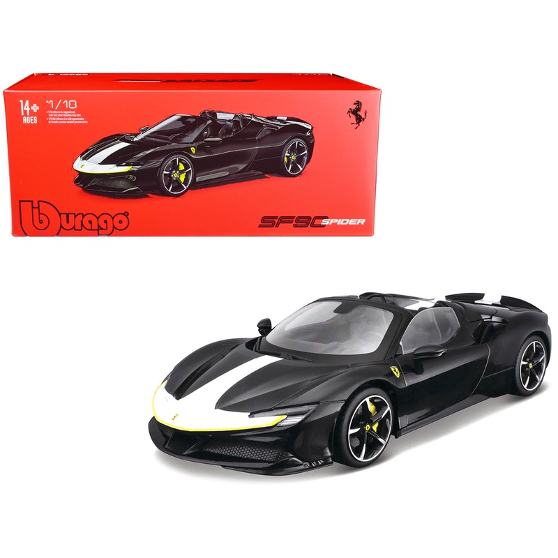 Ferrari SF90 Spider Assetto Fiorano Black Metallic with White Stripes “Signature Series” 1/18 Diecast Model Car by Bburago