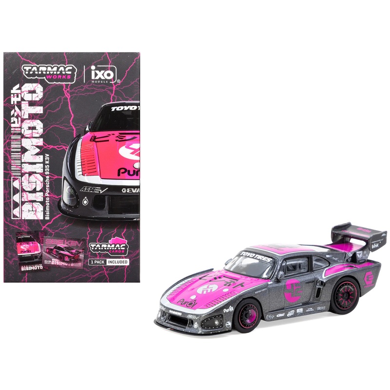 Porsche 935 K3V Bisimoto Gray Metallic with Pink Hood and Top with Tarmac Cards “Hobby64” Series 1/64 Diecast Model by Tarmac Works