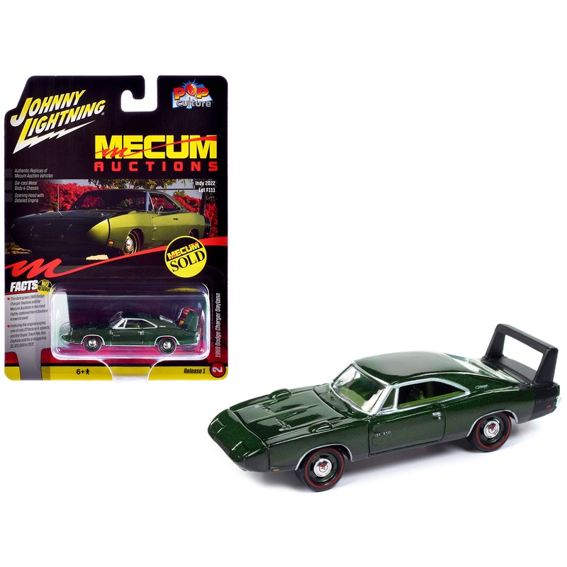 1969 Dodge Charger Daytona Dark Green Metallic with Green Interior “Mecum Auctions” Pop Culture 2024 Release 1 1/64 Diecast Model Car by Johnny Lightning