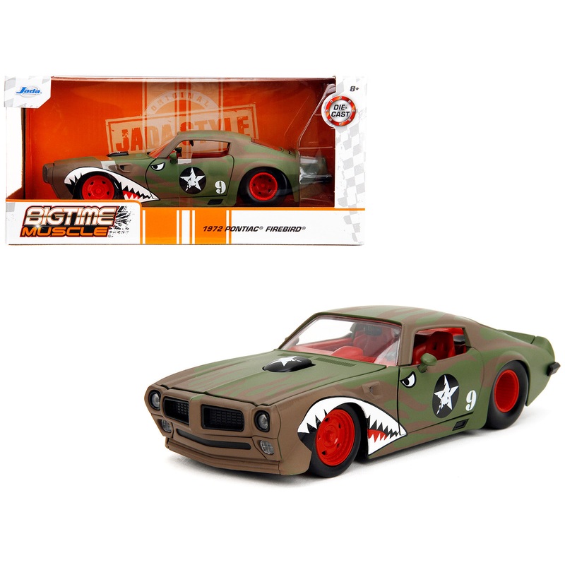 1972 Pontiac Firebird #9 Green Camouflage Flames with Graphics and Red Interior “Bigtime Muscle” Series 1/24 Diecast Model Car by Jada
