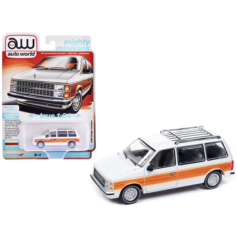1985 Dodge Caravan Van White with Woodgrain Side Panels “Mighty Minivans” Series 1/64 Diecast Model Car by Auto World