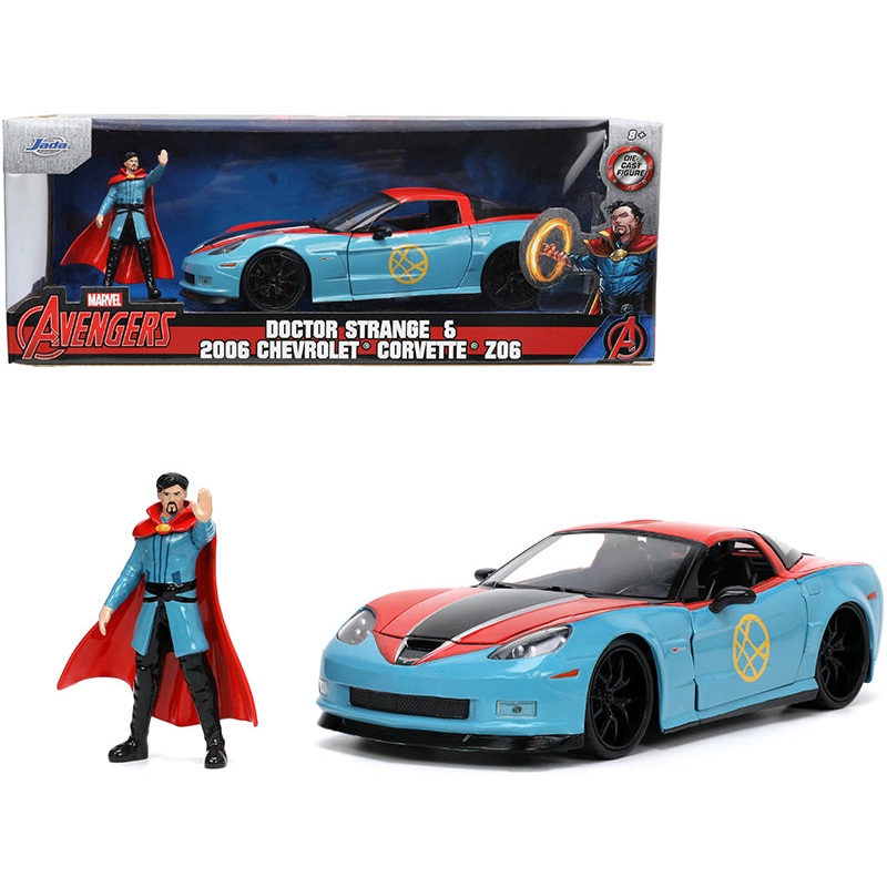 2006 Chevrolet Corvette Z06 Red and Blue with Doctor Strange Diecast Figurine “Avengers” “Marvel” Series “Hollywood Rides” 1/24 Diecast Model Car by Jada