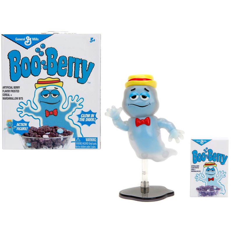 Boo Berry 3.5″ Moveable Glow-in-the-Dark Figure with Stand and Cereal Box “Monster Cereals” 1/12 Scale Model by Jada