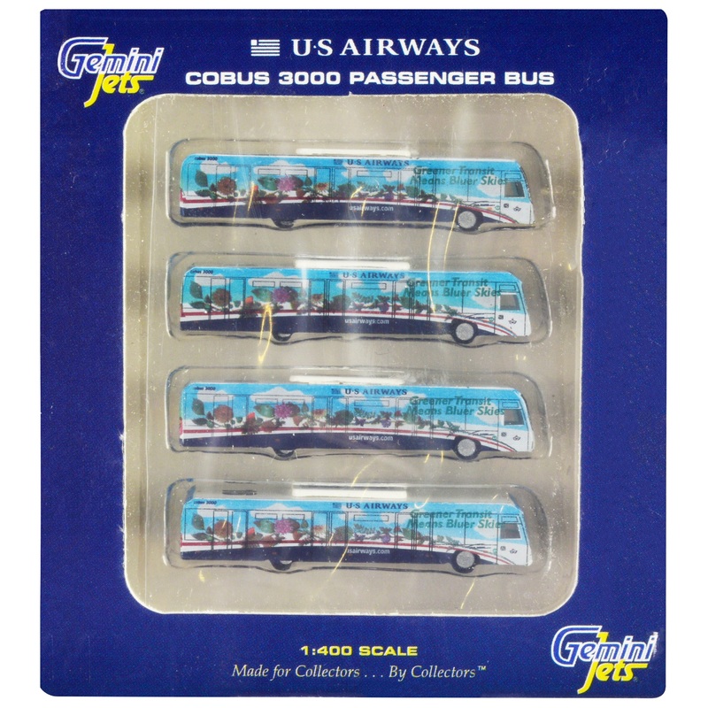 Cobus 3000 Passenger Bus White and Blue with Graphics “US Airways Shuttle Bus – Greener Transit” 4 Piece Set 1/400 Diecast Models by GeminiJets