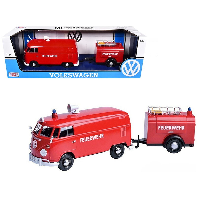 Volkswagen Type 2 (T1) Fire Van with Fire Fighting Trailer “Feuerwehr” Red 1/24 Diecast Model Car by Motormax