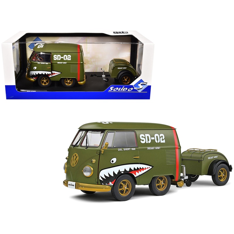 1950 Volkswagen Kool Kombi Van with Trailer “Army Fighter” Green with Graphics 1/18 Diecast Model Car by Solido