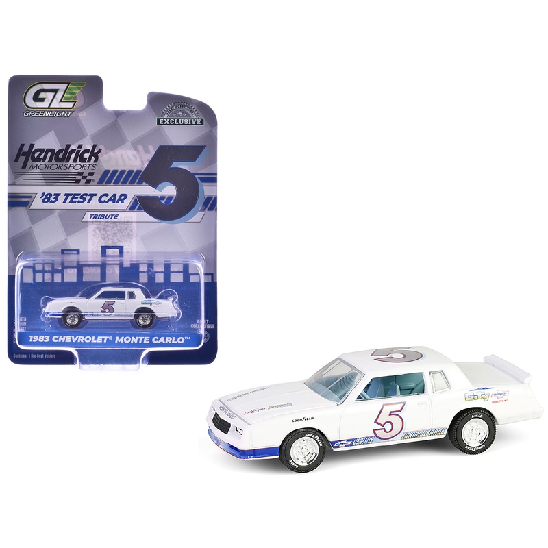 1983 Chevrolet Monte Carlo #5 “Hendrick Motorsports First Test Car Tribute” White with Blue Stripes and Interior “Hobby Exclusive” Series 1/64 Diecast Model Car by Greenlight