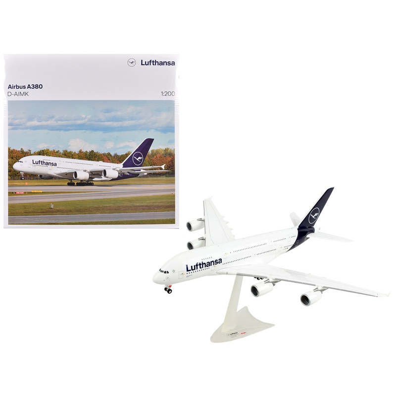 Airbus A380 Commercial Aircraft “Lufthansa” (D-AIMK) White with Dark Blue Tail 1/200 Plastic Model Airplane by Herpa