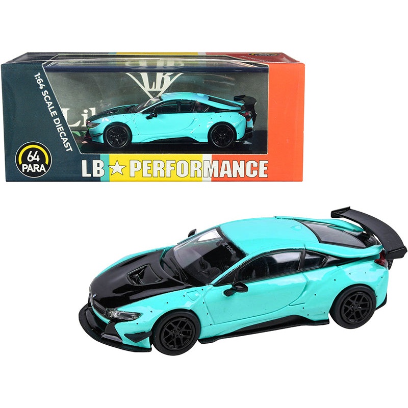 BMW i8 Liberty Walk Peppermint Green with Black Hood “LB Performance” Series 1/64 Diecast Model Car by Paragon