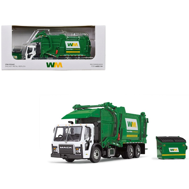 Mack LR Garbage Truck with McNeilus Meridian Front Load Refuse Body White and Green with Refuse Bin “Waste Management” 1/64 Diecast Model by First Gear
