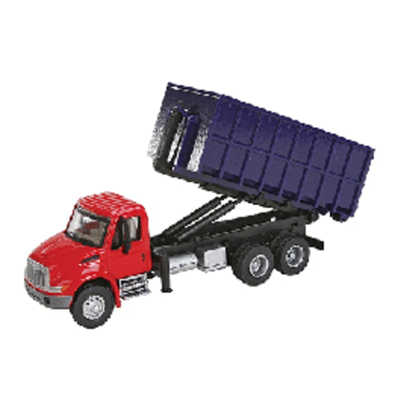 Walthers #949-11630 International 4300 Dual-Axle Dumpster Carrier Truck – Assembled — Red Cab, Blue Dumpster