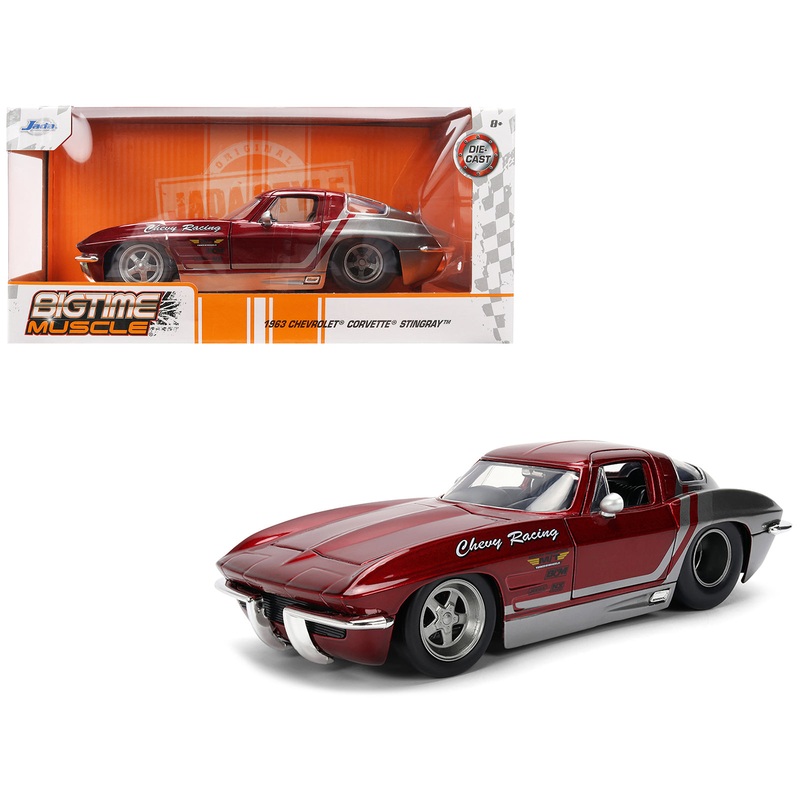 1963 Chevrolet Corvette Stingray “Chevy Racing” Red Metallic and Gray “Bigtime Muscle” Series 1/24 Diecast Model Car by Jada