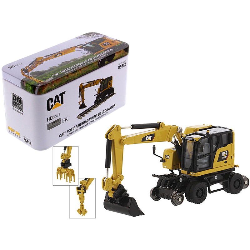 CAT Caterpillar M323F Railroad Wheeled Excavator with 3 Accessories (Safety Yellow Version) “High Line” Series 1/87 (HO) Scale Diecast Model by Diecast Masters