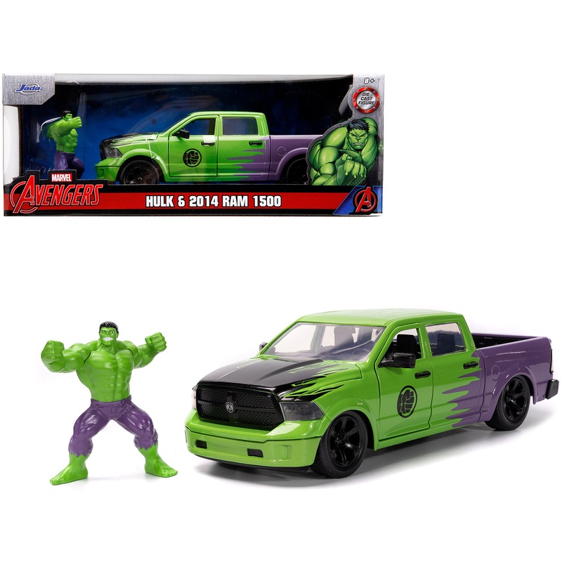 2014 RAM 1500 Pickup Truck Green and Purple and Hulk Diecast Figure “Marvel Avengers” “Hollywood Rides” Series 1/24 Diecast Model Car by Jada