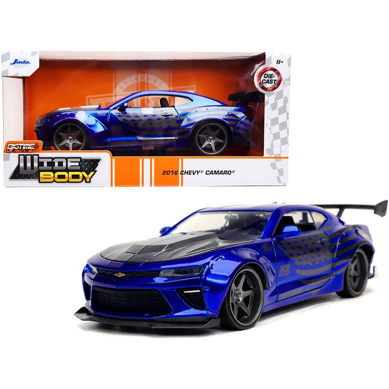 2016 Chevrolet Camaro Widebody Candy Blue with Gray Metallic Hood and American Flag Graphics “Bigtime Muscle” Series 1/24 Diecast Model Car by Jada