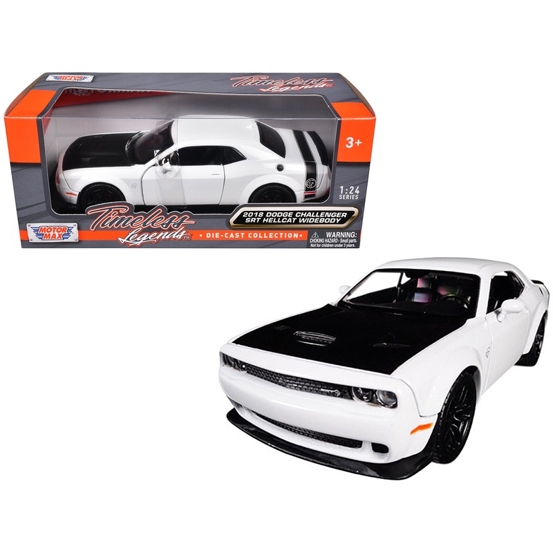 2018 Dodge Challenger SRT Hellcat Widebody White with Black Hood 1/24 Diecast Model Car by Motormax