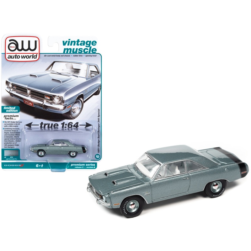 1971 Dodge Dart Swinger 340 Special Light Gunmetal Gray Metallic with Black Tail Stripe “Vintage Muscle” Limited Edition 1/64 Diecast Model Car by Auto World