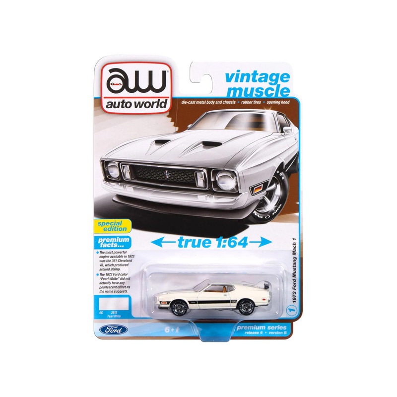 1973 Ford Mustang Mach 1 Pearl White with Black Stripes “Vintage Muscle” Series 1/64 Diecast Model Car by Auto World