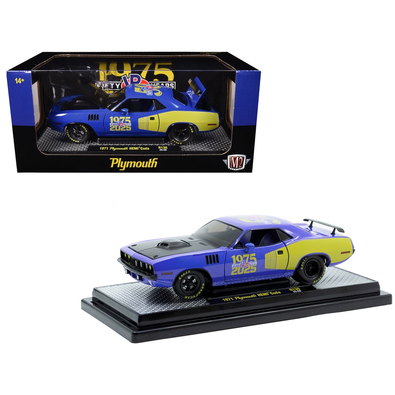 1971 Plymouth Hemi Cuda “VP Racing 50 Years” Blue with Yellow Sides Limited Edition to 8650 pieces Worldwide 1/24 Diecast Model Car by M2 Machines