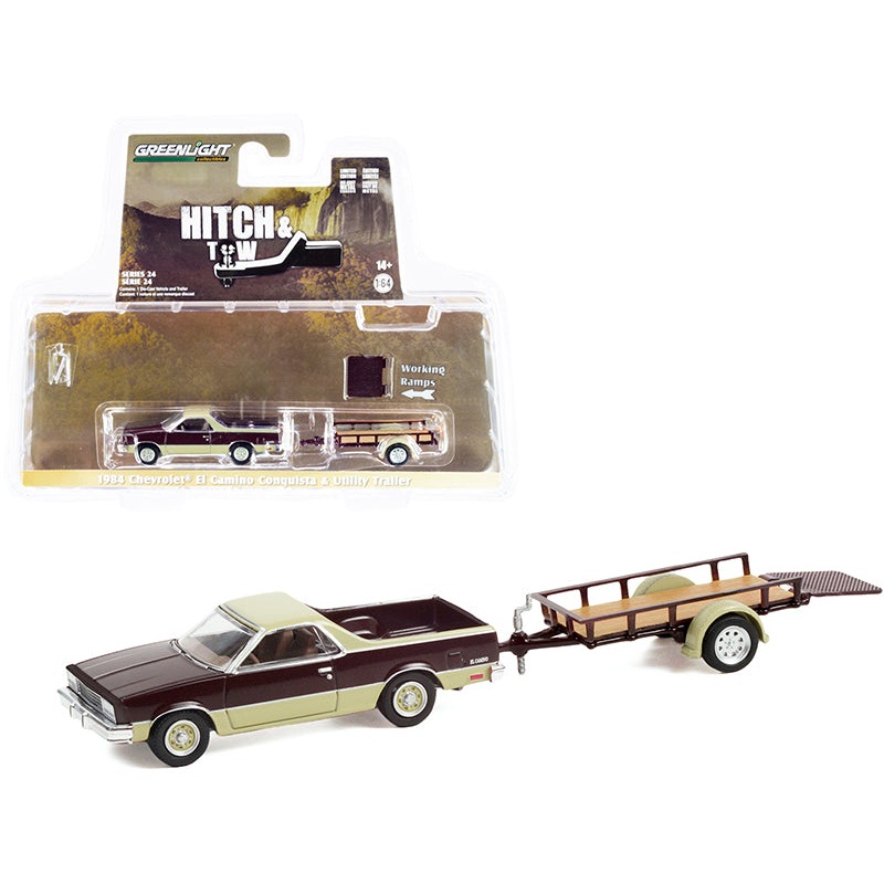 1984 Chevrolet El Camino Conquista Maroon Metallic and Beige with Utility Trailer “Hitch & Tow” Series 24 1/64 Diecast Model Car by Greenlight