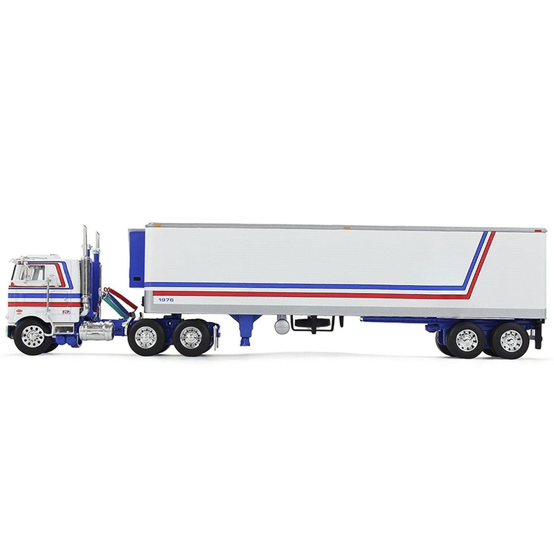 Peterbilt 352 COE 86″ Sleeper and 40′ Vintage Refrigerated Trailer White with Blue and Red Stripes “Bicentennial Patriot” 1/64 Diecast Model by DCP/First Gear