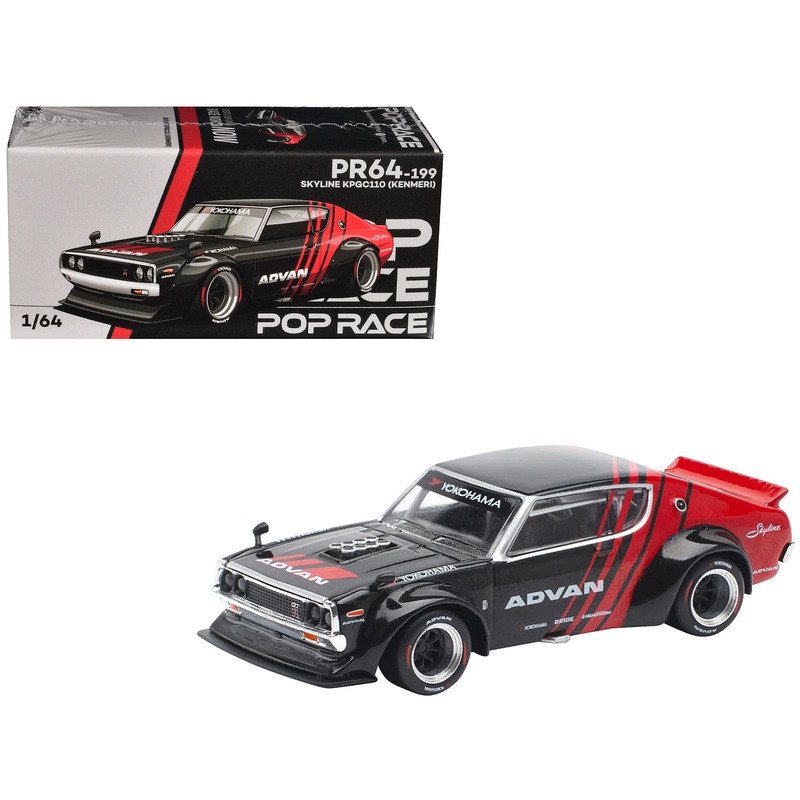 Skyline KPGC110 “Kenmeri” RHD (Right Hand Drive) “ADVAN” Black and Red 1/64 Diecast Model Car by Pop Race