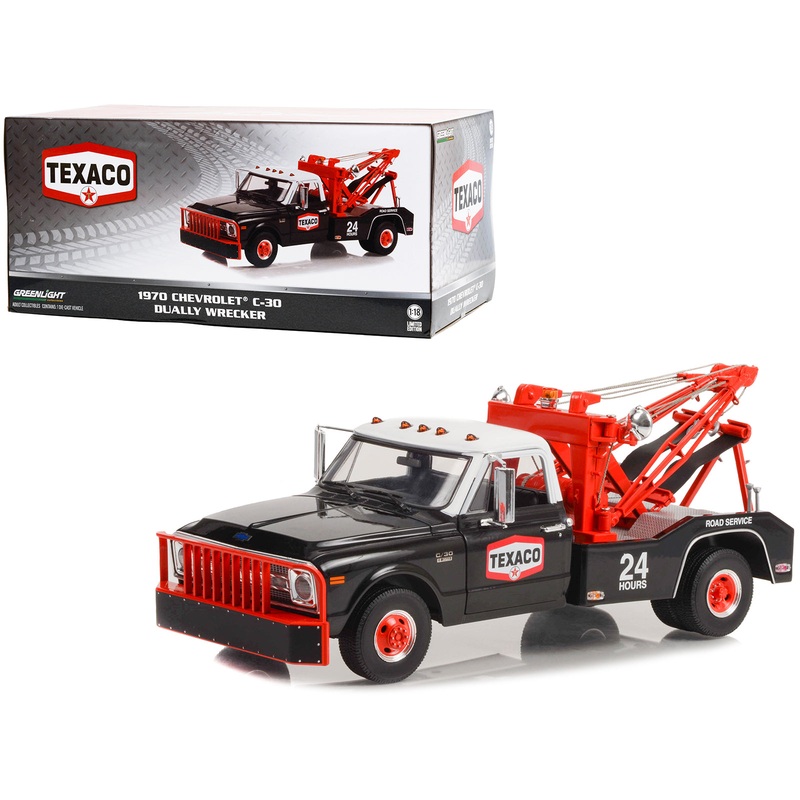 1970 Chevrolet C-30 Dually Wrecker Tow Truck “Texaco 24 Hour Road Service” Black with White Top 1/18 Diecast Model Car by Greenlight