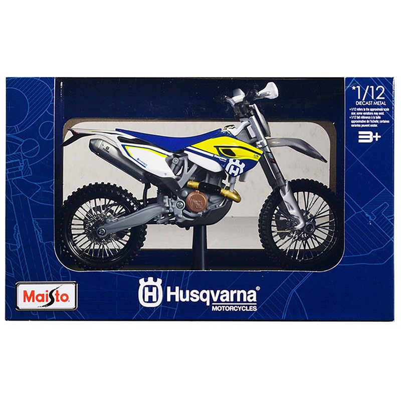 Husqvarna FE 501 White and Blue with Yellow Stripes 1/12 Diecast Motorcycle Model by Maisto