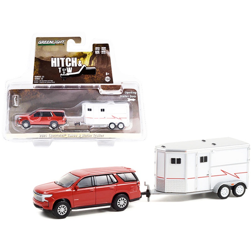 2021 Chevrolet Tahoe Cherry Red Pearl with White Horse Trailer “Hitch & Tow” Series 23 1/64 Diecast Model Car by Greenlight