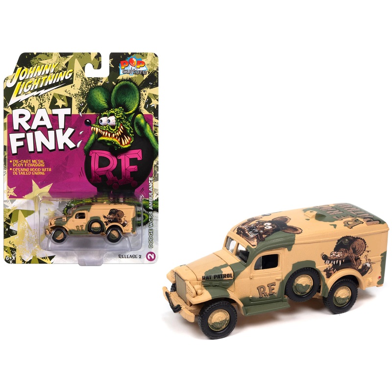 Dodge WC54 Ambulance Desert Camouflage “Rat Fink” “Pop Culture” 2024 Release 2 1/64 Diecast Model Car by Johnny Lightning