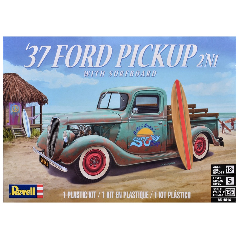 Level 5 Model Kit 1937 Ford Pickup Truck with Surfboard 2-in-1 Kit 1/25 Scale Model by Revell