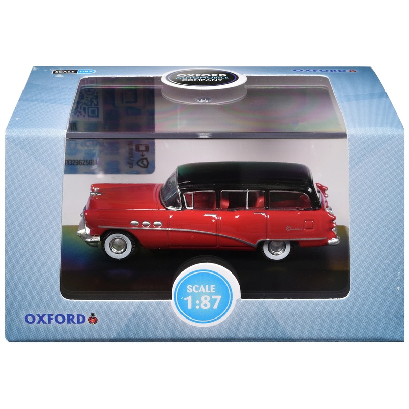 1954 Buick Century Estate Wagon Matador Red and Carlsbad Black with Red Interior 1/87 (HO) Scale Diecast Model Car by Oxford Diecast