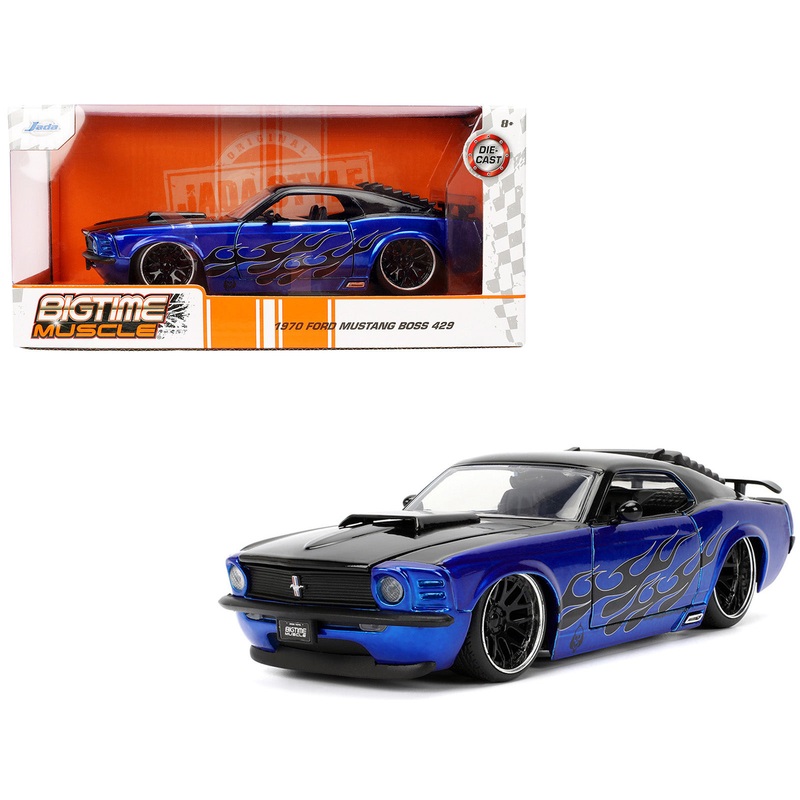 1970 Ford Mustang Boss 429 Black and Blue Metallic with Flames “Bigtime Muscle” Series 1/24 Diecast Model Car by Jada