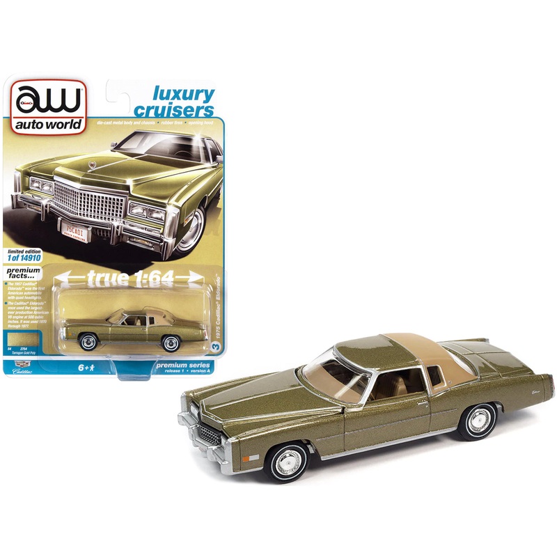 1975 Cadillac Eldorado Tarragon Gold Metallic with Rear Section of Roof Sandalwood Tan “Luxury Cruisers” Limited Edition to 14910 pieces Worldwide 1/64 Diecast Model Car by Auto World
